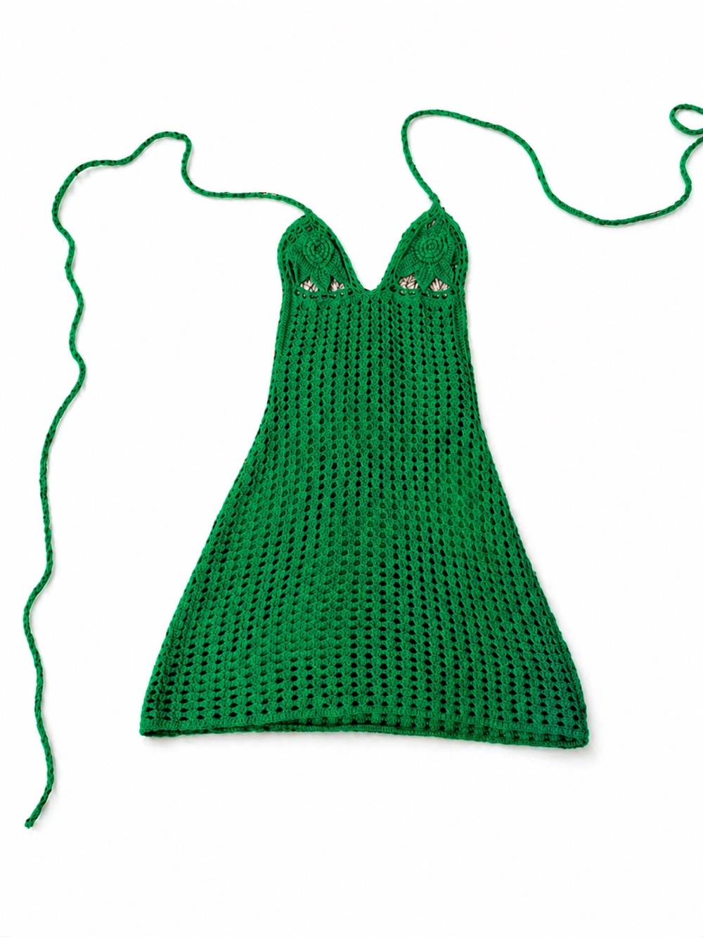 Handmade Green Crochet Halter Mini Dress
